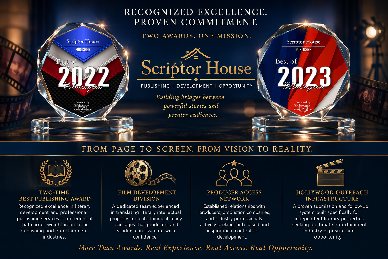 Scriptor House — Recognized Excellence. Proven Commitment. Two-Time Best Publishing Award, Film Development Division, Producer Access Network, Hollywood Outreach Infrastructure.